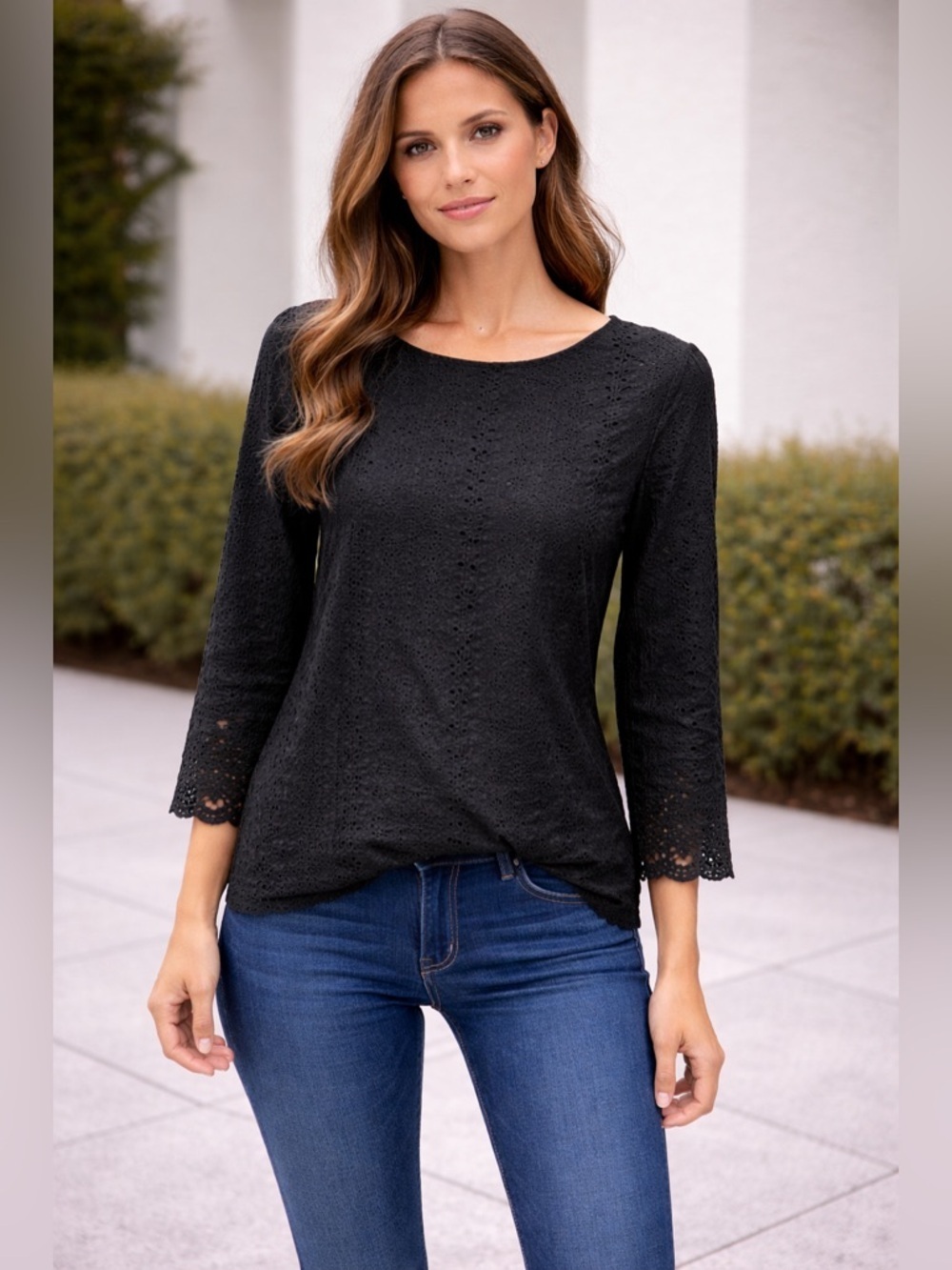 GAP Black Eyelet Lace 3/4 Sleeve Top, S, NWT